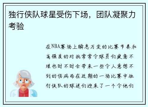 独行侠队球星受伤下场，团队凝聚力考验