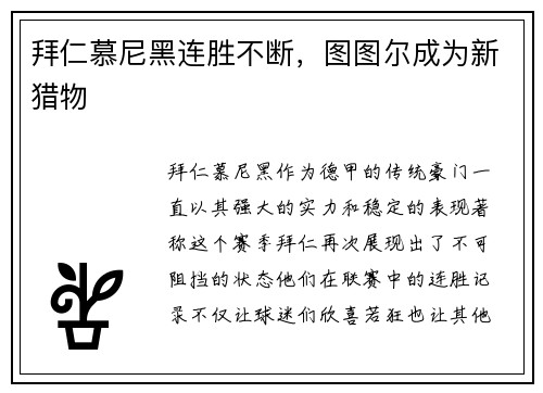 拜仁慕尼黑连胜不断，图图尔成为新猎物