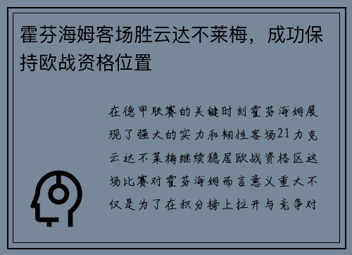 霍芬海姆客场胜云达不莱梅，成功保持欧战资格位置