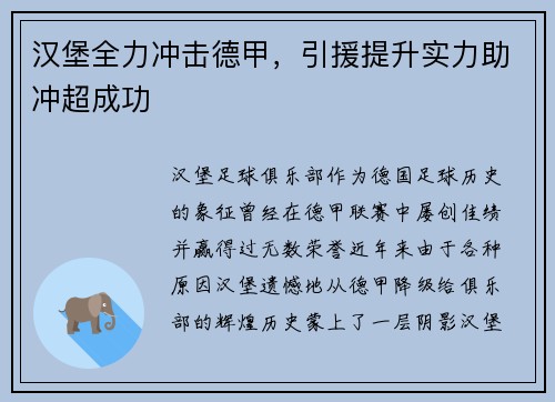 汉堡全力冲击德甲，引援提升实力助冲超成功