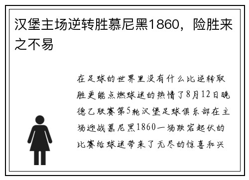 汉堡主场逆转胜慕尼黑1860，险胜来之不易