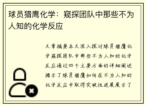 球员猎鹰化学：窥探团队中那些不为人知的化学反应