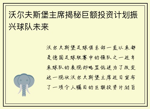 沃尔夫斯堡主席揭秘巨额投资计划振兴球队未来
